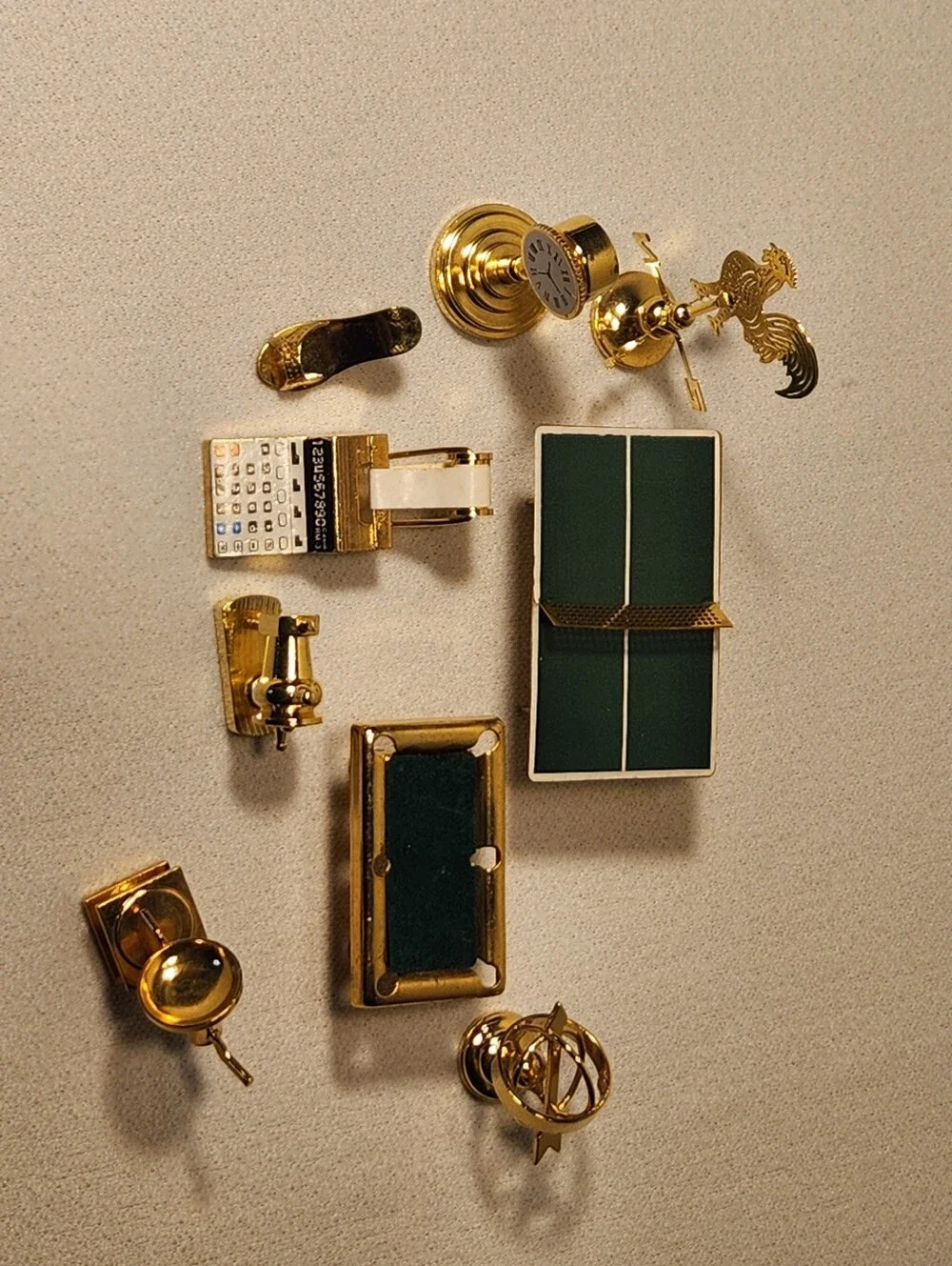 Vintage Miniature Dollhouse Brass Pieces 1:12 Scale Pedastol Clock, Calculator